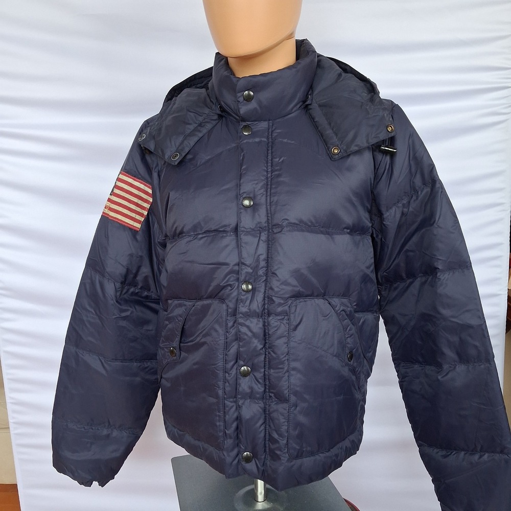 Denim & Supply Ralph Lauren Navy Puffer Jacket American Flag Patch Hooded Mens
